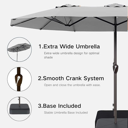 Kingdura 13ft Large Patio Umbrella with Base Included, Double-Sided Rectangle Outdoor Table Umbrella with 12 Reinforced Ribs, Crank Lift for Market Pool Deck Backyard, Light grey