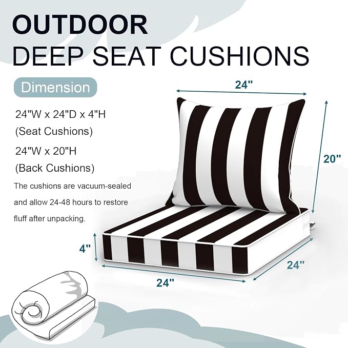DYTXIII Outdoor Deep Seat Cushion Set, Water Repellent 24"x24" Patio Thick Cushions Replacement with Seat & Back Pillow for Patio Sofa, Wicker Chair, Couch - Cabana Black