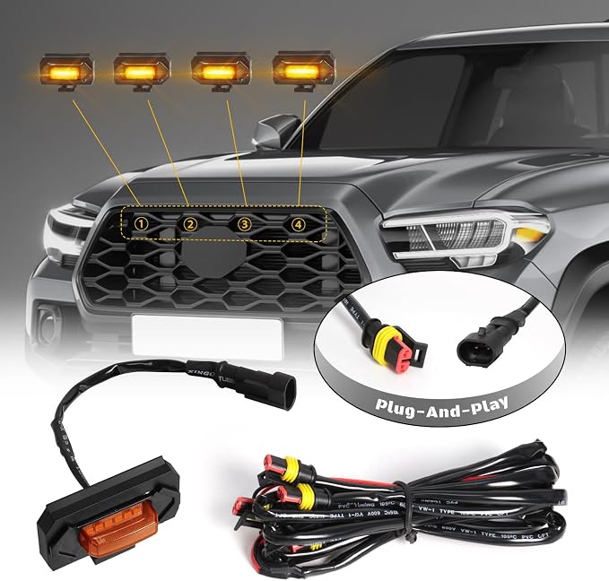 4 Pcs Grille Lights Compatible with Toyota Tacoma 2020 2021 2022 2023 TRD Off Road and Sport Models, OEM Style LED Front Grill Lights for Tacoma Accessories with Fuse & Harness (Amber)