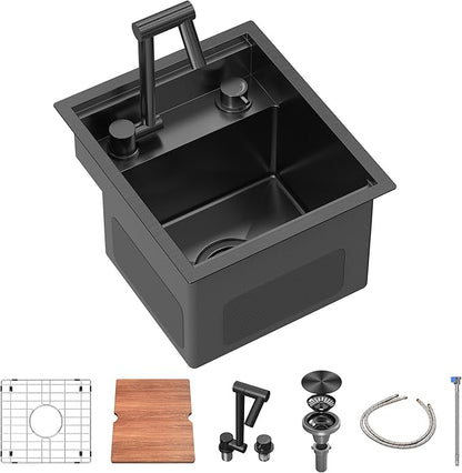 RV Kitchen Sink 13x15 Inch with Foldable Faucet, Nano Black 16 Gauge Stainless Steel Undermount Workstation Sink with Cutting Board Cover, Bottom Grid & Drain Kit