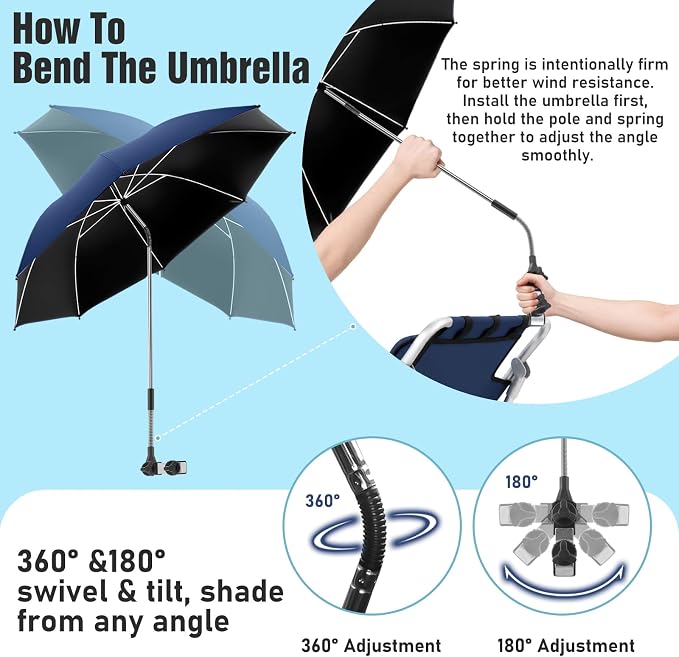 2 PACK Beach Umbrella with Clamp, 360 ° Adjustable Umbrellas for Chair, UPF50+ Umbrella for Beach Chair, Patio Chair, Wheelchair, Camping Chair, Golf Carts (Chair Not Included)