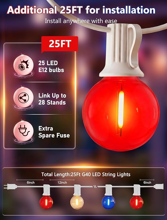 4th of July String Lights, 25FT G40 Red White and Blue Lights with 27 Shatterproof G40 LED Bulbs(2 Spare), Plug In Outdoor String Lights for Independence Day Patriotic Party Patio Backyard Decor
