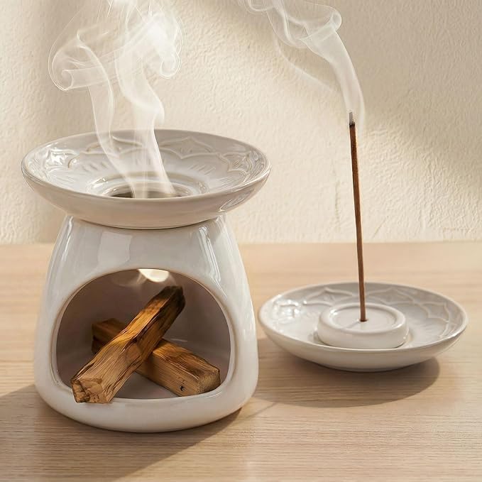 Palo Santo Incense Holder, 3-in-1 Handcrafted Ceramic Sage Burner | Heat-Resistant Palo Santo Chimney Burner for Stick & Cone with Detachable Lotus Stick Tray for Meditation Home Decor Gift