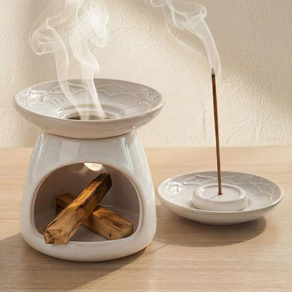 Palo Santo Incense Holder, 3-in-1 Handcrafted Ceramic Sage Burner | Heat-Resistant Palo Santo Chimney Burner for Stick & Cone with Detachable Lotus Stick Tray for Meditation Home Decor Gift