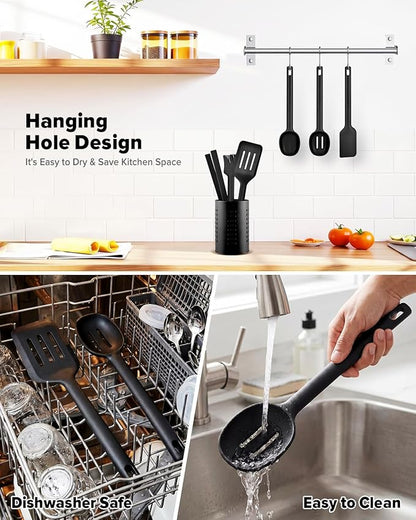 Silicone Kitchen Utensils Set, Heat Resistant Cooking Utensil with Spoon, Scraper, Spatula, Basting Brush & Tongs, BPA-free Non-stick Cookware for Frying, Basting, Serving, Grilling (6 Pack) (BLACK)