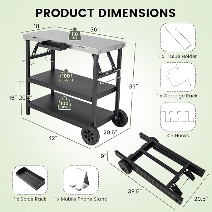 GOFLAME 3-Shelf Outdoor Grill Dining Cart, Movable Food Prep Cart Table with Adjustable Shelf, Stainless Steel Table Top, Kitchen Cart Island Table on 2 Wheels, Heavy Duty BBQ Flattop Worktable