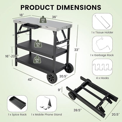 GOFLAME 3-Shelf Outdoor Grill Dining Cart, Movable Food Prep Cart Table with Adjustable Shelf, Stainless Steel Table Top, Kitchen Cart Island Table on 2 Wheels, Heavy Duty BBQ Flattop Worktable