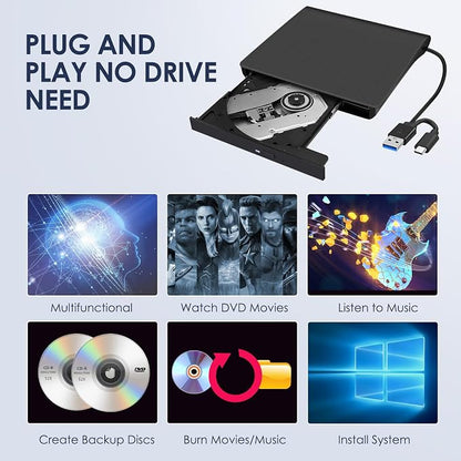 External CD/DVD Drive for Laptop, Type-C CD/DVD Player USB 3.0 Portable Burner Writer Reader Compatible with Mac MacBook Pro/Air iMac Desktop Windows 7/8/10/XP/Vista (Black)