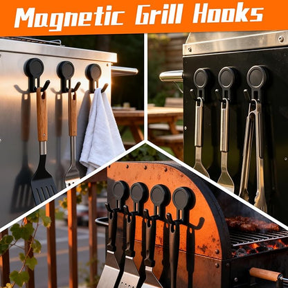 4 Pack Magnetic Grill Hooks, Strong Magnetic Hook for Grill, Rust Proof & Heavy Duty Outdoor Magnetic Hooks, Grills Magnetic Hooks for Barbecue Tool, Outdoor Hanging, Refrigerator, Grill, Kitchen