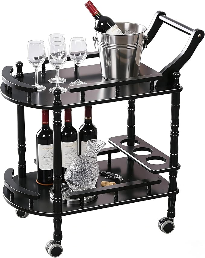 Entertainment Kitchen Cart, Midcentury Modern Imported rubberwood Black Finished Wood 2-Tier Mobile Bar Cart Serving Cart
