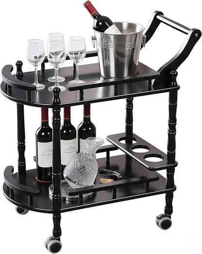 Entertainment Kitchen Cart, Midcentury Modern Imported rubberwood Black Finished Wood 2-Tier Mobile Bar Cart Serving Cart