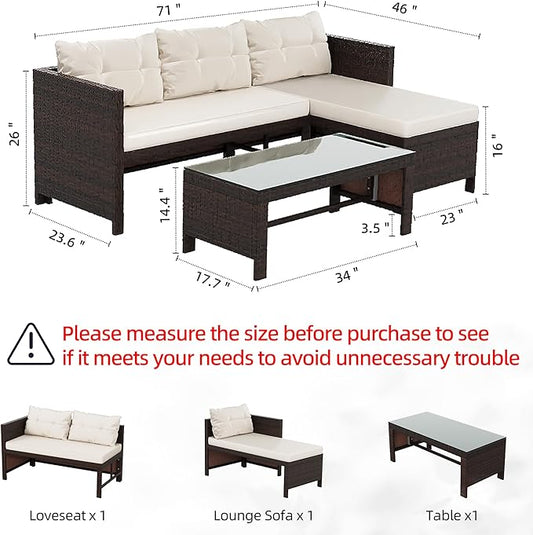 Shintenchi 3-Piece Outdoor Patio Furniture Sets, Wicker Patio Conversation Sets, All Weather Wicker Rattan Patio Seating Sofas with Glass Coffee Table and Cushion, Beige