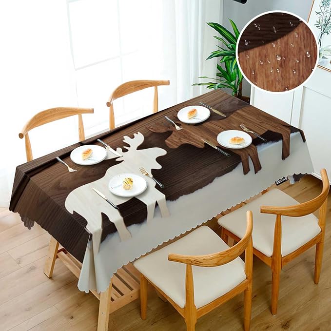 Swono Moose Tablecloths Snow Wooden Deer Moose Christmas Reindeer Kitchen Dinning Tabletop Decoration, Polyester Table Cover for Indoor Outdoor 50x72 Inch Tablecloth