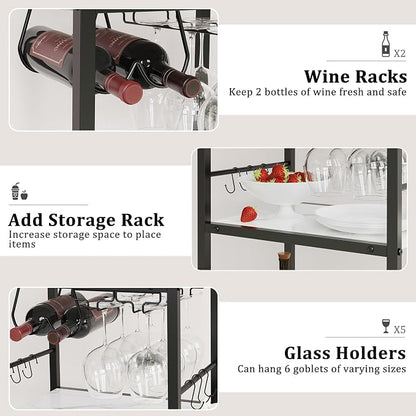 Bar Cart for The Home, 3 Tier Kitchen Carts with Wheels, Small Rolling Cart with Glass Holders, Wine Rack, Mini Bar Cart for Kitchen, Dining room, Living Room, 13.0"D x 17.0"W x 33.8"H, Marble White