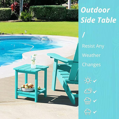 LUE BONA Adirondack Outdoor Side Table, 2-Tier Aruba Blue HDPS Patio End Table Weather Resistant, Outdoor Morden Side Table for Patio, Pool, Porch | 2-Tier Shelf for Extra Storage, Small End Table for Pool, Porch, Balcony, Weather Resistant HDPS, Easy ...