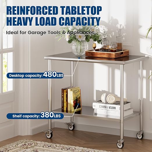 Stainless Steel Work Table with Wheels, 24x48 Inch NSF Kitchen Prep Table with Adjustable Undershelf for Commercial Restaurant, Garage, Outdoor BBQ