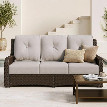 Sundale Outdoor Wicker 3-Seat Patio Sofa, Luxury Outdoor Couch with High Back & Wider Armrests, Patio Furniture with 6-inch Cushions for Yard, Deck, Poolside (Grey)
