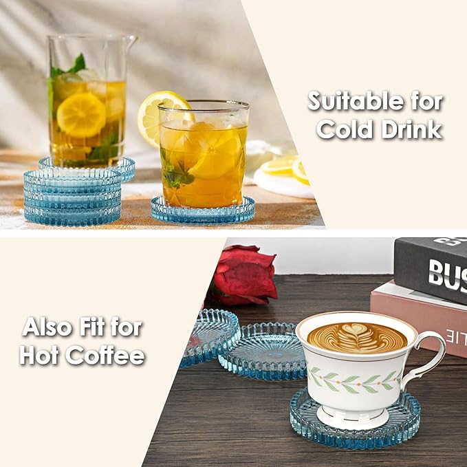 Modern Clear Coaster Set of 8- Glass Coasters for Drinks Crystal Coasters Round Cup Coaster Coffee Table Decor for Office, Kitchen, Bar, Dining Room, Living Room, Patio(Clear Blue)