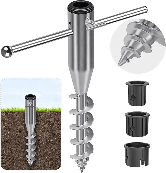 Dolibest Heavy Duty Beach Umbrella Sand Anchor, Portable Screw-in Ground Anchor & 3 Sleeves (Fits 1-2" Poles), Windproof Beach Umbrella Stake, 2.2'' Fully Welded Spiral Design for Ultimate Stability