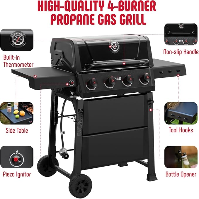 Feasto 4-Burner Gas BBQ Grill with Side Tables, 36,000 BTU Outdoor Propane Grill with Premium Enameled Coated Chamber Body & Porcelain-Enameled Grates for Deck Party & Patio BBQ, 559 Sq. In., Black
