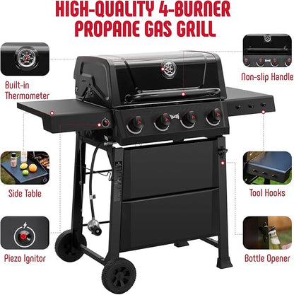 Feasto 4-Burner Gas BBQ Grill with Side Tables, 36,000 BTU Outdoor Propane Grill with Premium Enameled Coated Chamber Body & Porcelain-Enameled Grates for Deck Party & Patio BBQ, 559 Sq. In., Black