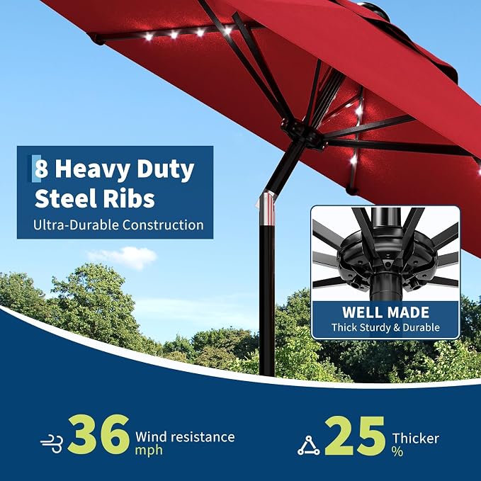 Garvee patio Umbrella with Solar Lights, Outdoor Table Umbrella with 8 Durable Ribs, Tilt & Crank Mechanism, Waterproof & UV Protection for Garden, Backyard, Poolside,