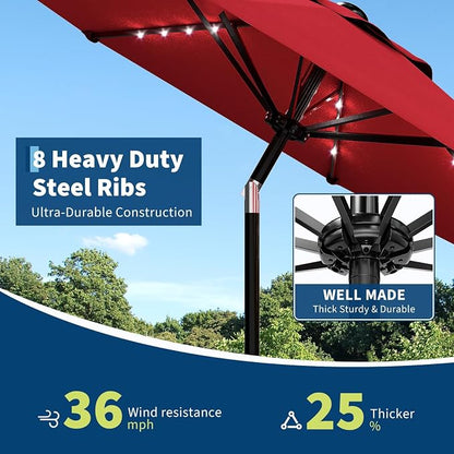 Garvee patio Umbrella with Solar Lights, Outdoor Table Umbrella with 8 Durable Ribs, Tilt & Crank Mechanism, Waterproof & UV Protection for Garden, Backyard, Poolside,
