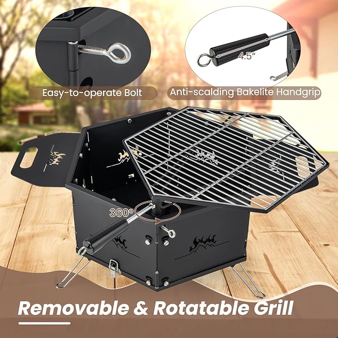 HAPPYGRILL Portable Charcoal Grill Stove, Outdoor Hibachi Grill Smoker w/ 360° Rotatable Grill, Foldable Body & Legs, Heavy-duty BBQ Grill w/Handles for Cooking & Heating