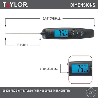 Taylor Digital Turbo Instant Read Thermocouple Meat Food Grill BBQ Cooking Kitchen Thermometer, Folding Probe, Black (Pack of 12)