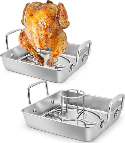 TeamFar Roasting Pan with Beer Can Chicken Holder, Drip Pan for Oven-4PCS | Stainless Steel Square Baking Pan with Vertical Stand, for Grill Oven Smoker BBQ Roasting, Dishwasher Safe(2 Pans + 2 Racks)