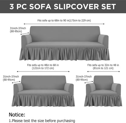 Fanfanwin 3 Pcs Sofa Slipcover Set for Couch Cushion Durable Washable High Elastic Stretchable Furniture Couch Covers with Skirt for Sofa Loveseat Arm Chair(Gray,Milk Silk)