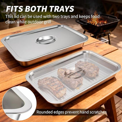ENLOY 9-in-1 Grilling Prep and Serve Trays Set, Stainless Steel Large Capacity Food Prep Tray, Marinade Container with Lid and Cutting Board & 2 Food Tongs, Cleaning Cloth & 2 Gloves for Pickling Food