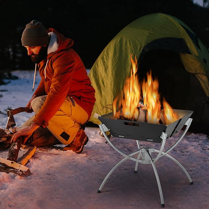 Giantex Folding Campfire Grill, Camping Grill with Stainless Steel Grates, Collapsible Aluminum Legs, Carry Bag, Portable Firewood Barbecue Grill for Backpacking Road Trips Outdoor Cooking