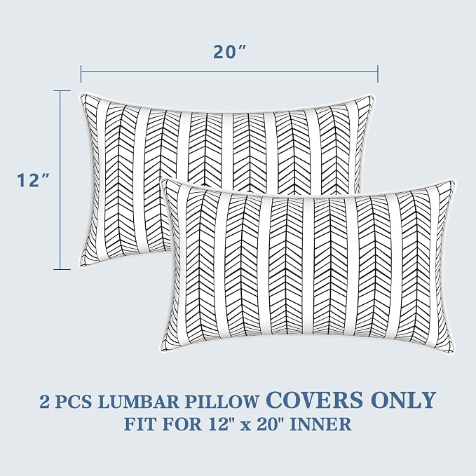 LVTXIII 2 Pack Outdoor Lumbar Pillow Covers 12x20 Inch with Piping, Water-Repellent Back Cushion Covers ONLY for Patio Furniture, Sofa, Garden Bench, Herringbone Black White