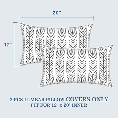 LVTXIII 2 Pack Outdoor Lumbar Pillow Covers 12x20 Inch with Piping, Water-Repellent Back Cushion Covers ONLY for Patio Furniture, Sofa, Garden Bench, Herringbone Black White