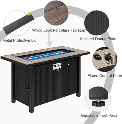 45in Fire Table, Propane Fire Pit with Glass Wind Guard and Rain Cover, Outdoor Firepit Table 50000 BTU 3-in-1 Fire Table for Patio/Yard/Balcony, Walnut Tabletop