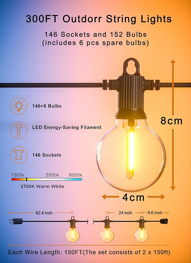 Zuske Outdoor String Lights, 300FT Patio Lights with 146 Shatterproof G40 Globe Bulbs(6 Spare), Waterproof Connectable Dimmable LED Hanging Lights for Outside Backyard Porch Balcony Gazebo (150FT x 2)