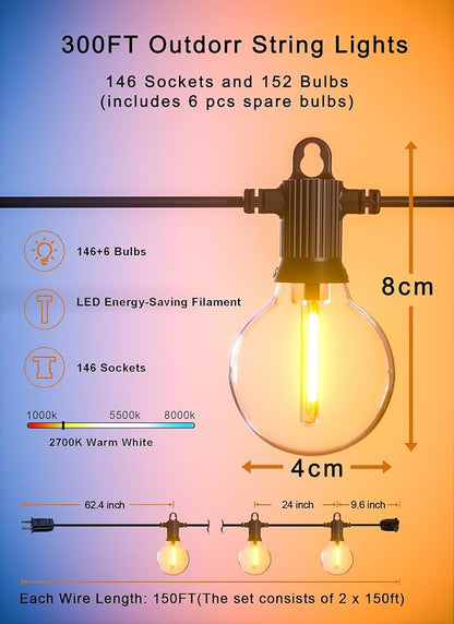 Zuske Outdoor String Lights, 300FT Patio Lights with 146 Shatterproof G40 Globe Bulbs(6 Spare), Waterproof Connectable Dimmable LED Hanging Lights for Outside Backyard Porch Balcony Gazebo (150FT x 2)