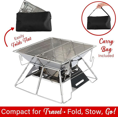 Brentwood BB-4X14SS 14" x 14" Stainless Steel Portable Folding Charcoal BBQ Grill and Outdoor Fire Pit with Carry Bag