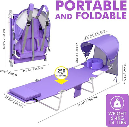 Backpack Beach Tanning Lounge Chair with Canopy Shade Face Hole Padded Adjustable Washable, 6 Position Layout Chair for Outside Sunbathing Poolside Lawn, UPF 50+ Wind-Resistant Sun Shade, 2Pack