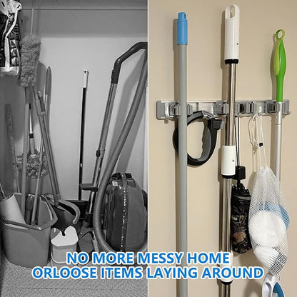 reliahom Broom Holder Wall Mount Mop Hanger Tools organizer 4Racks 5Hooks | Adjustable Stick or Screw Mop Broom Wall Hanging Tool Storage Rack Space-saving for Garage,Kitchen,Laundry Room,Garden,Silver