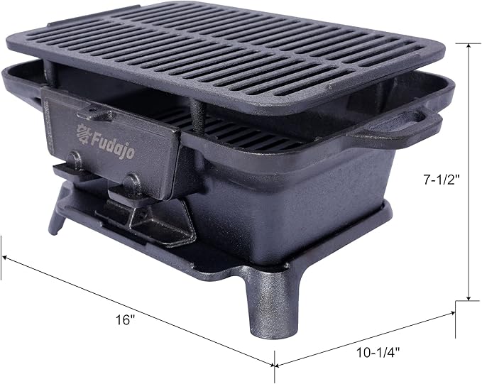 16" Rectangular Cast Iron Hibachi Grill, Portable Charcoal Grill With Vent Removable Grate, Yakitori Grills for Outdoor Camping Cooking, Enameled (Rectangular)