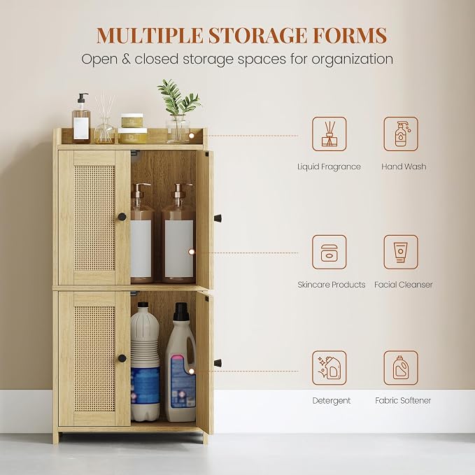 HEXCELEN Small Storage Cabinet, Bathroom Storage Cabinet with 4 Doors, Floor Bathroom Organizer Freestanding for Small Spaces, Living Room, Kitchen, Entryway (Streamlined American, Yellow) | Bathroom Storage Cabinet, 4 Doors, Floor Bathroom Organizer F...