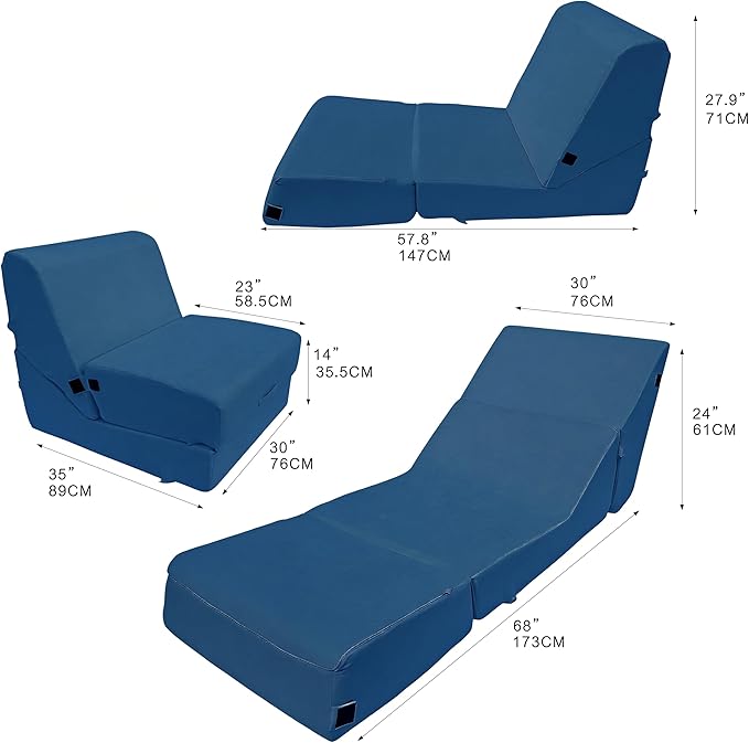 jela Luxury Indoor Chaise Lounge, Foldable Sofa Bed Chair with Machine Washable Cover, Soft Foam Lounge Chair for Living Room (Miss Navy)