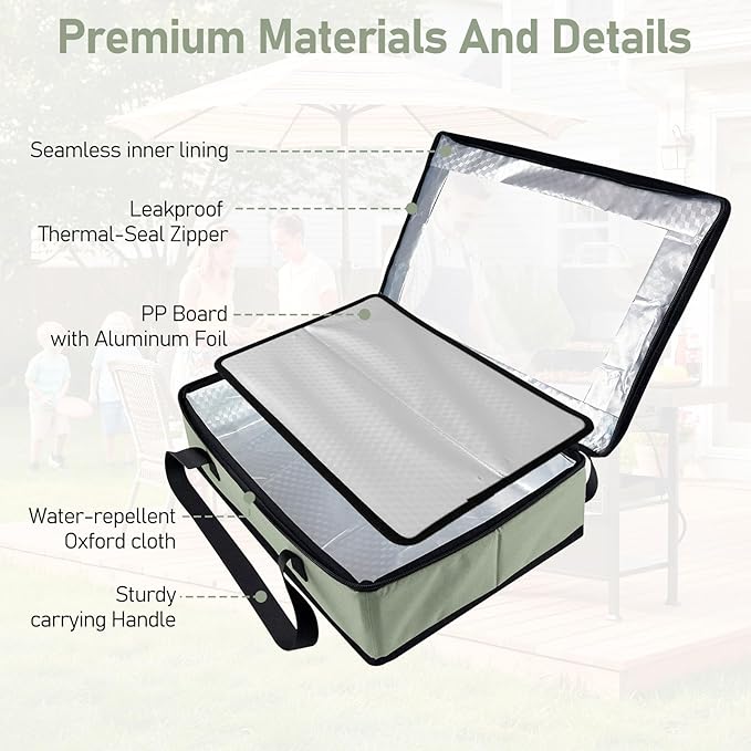 BANGIE BBQ Meat Resting Blanket & 9x13 Foil Pan Carrier - Leakproof Insulated Casserole Transport Bag with Visual Window, Rigid Hard Bottom - Birthday Father's Day Grilling Gifts for Men, Dad,Green