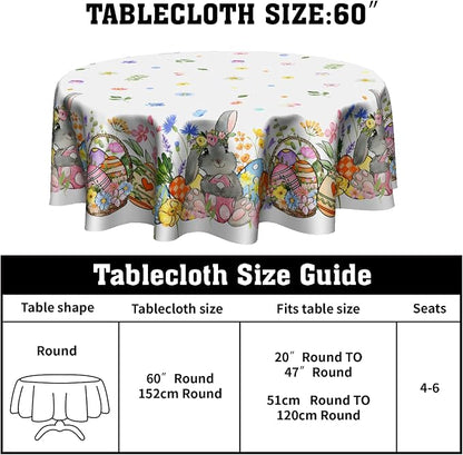 Sweetshow Easter Bunny Eggs Table Cloth Round Colorful Flower Leaves Tablecloth 60 Inch Decor Washable Stain and Wrinkle Spring Floral Round Table Cover for Dining Picnic