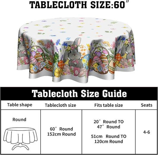 Sweetshow Easter Bunny Eggs Table Cloth Round Colorful Flower Leaves Tablecloth 60 Inch Decor Washable Stain and Wrinkle Spring Floral Round Table Cover for Dining Picnic