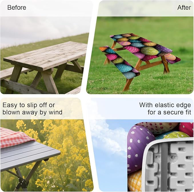 ANNA QUEEN Easter Holiday 6FT Picnic Table Cover with Bench Covers Set of 3 with Drawstring Bag, Colorful Easter Eggs 72"x30" Waterproof Fitted Picnic Tablecloth & Bench Covers for Outdoor Dining