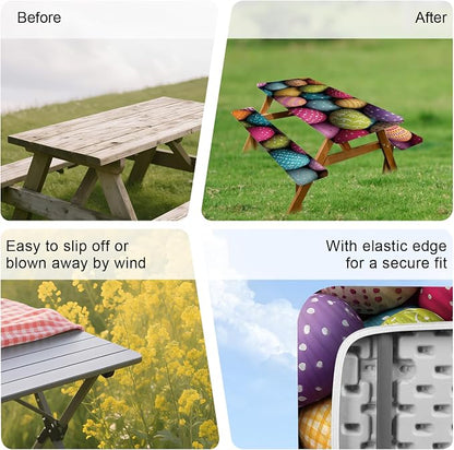 ANNA QUEEN Easter Holiday 6FT Picnic Table Cover with Bench Covers Set of 3 with Drawstring Bag, Colorful Easter Eggs 72"x30" Waterproof Fitted Picnic Tablecloth & Bench Covers for Outdoor Dining