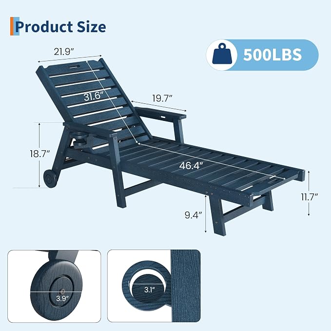 Garvee Lounge Chair Outdoor with Wheels & 5-Position Adjustable Backrest, Oversized Chaise Lounge with 2 Move Handle, HDPE Outdoor Lounge Chair w/Detachable Cup Holder, for Patio, Pool,Navy Blue